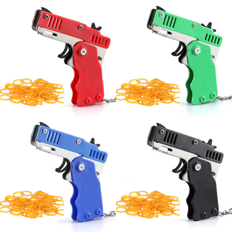 Mini Keychain Rubber Band Gun Toy Metal Folding Rubber Band Launcher Toy Gun Shooting Pistol Kids Ou