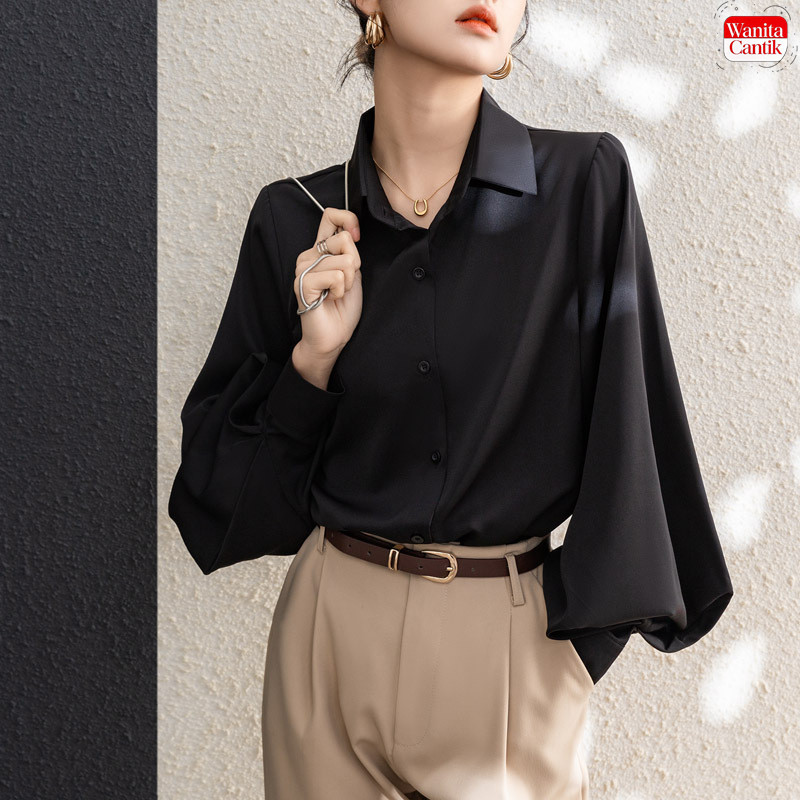 Blouse Kemeja Wanita Satin Hitam Polos Lengan Panjang Korean Style Formal Kantor Kerja OL Oversize E