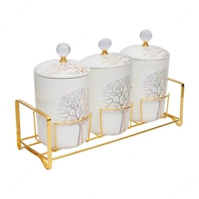 BEST QUALITY 1Set 3pcs Stoples Tempat Kopi Teh Gula Motif Duan + Rak Toples 970ml