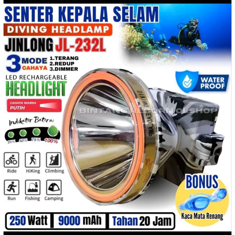 Original SENTER KEPALA SELAM 200METER JIN LONG LORENG ARMY JL-232L Senter Kepala Selam LED Jin Long 