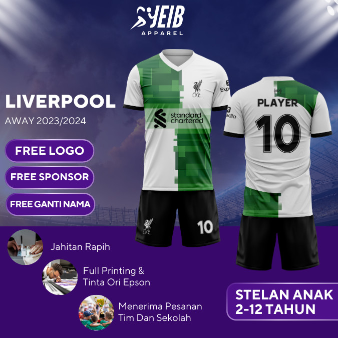 JERSEY BOLA ANAK LIVERPOOL AWAY PUTIH HIJAU LIGA UEFA FULL PRINTING JERSEY BOLA CUSTOM NAMA