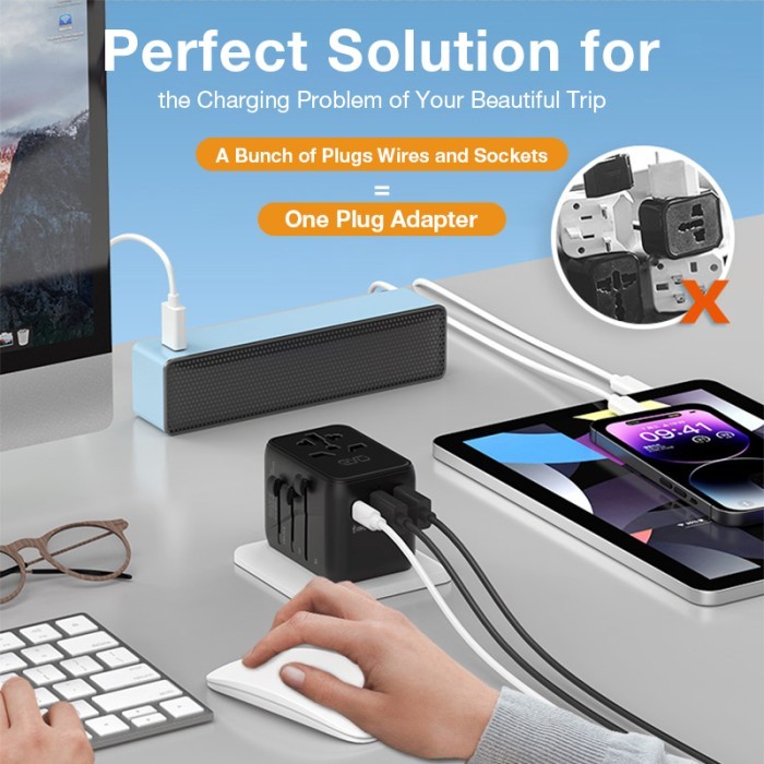 promo  -EYD SN31 All-in-one Travel Universal Adapter Plug Charger With 2 USB-C & 1 USB-A (100V-250V~