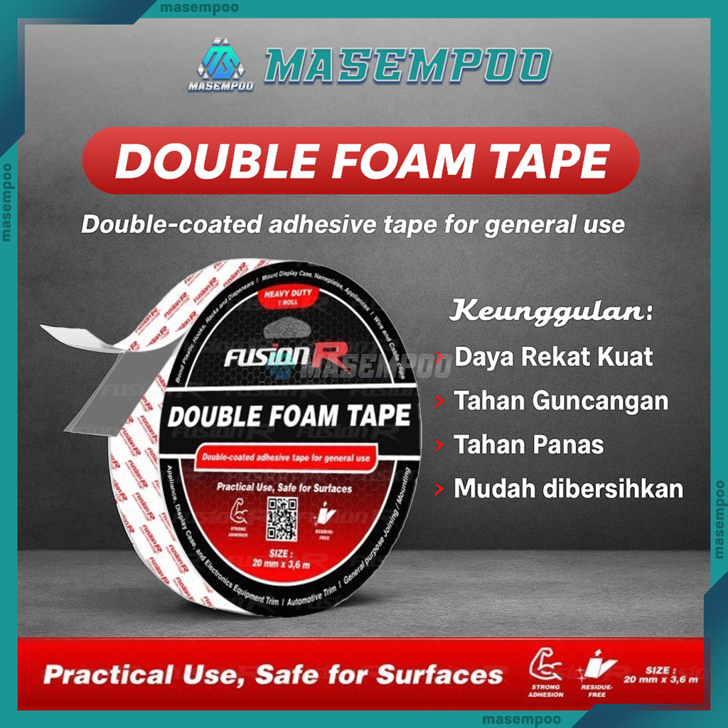 Double Tape Foam Busa Tebal Fusion R Solasi Busa 2 Sisi PE Foam Tebal Super Kuat 1.0 mm 20 mm×3.6 m