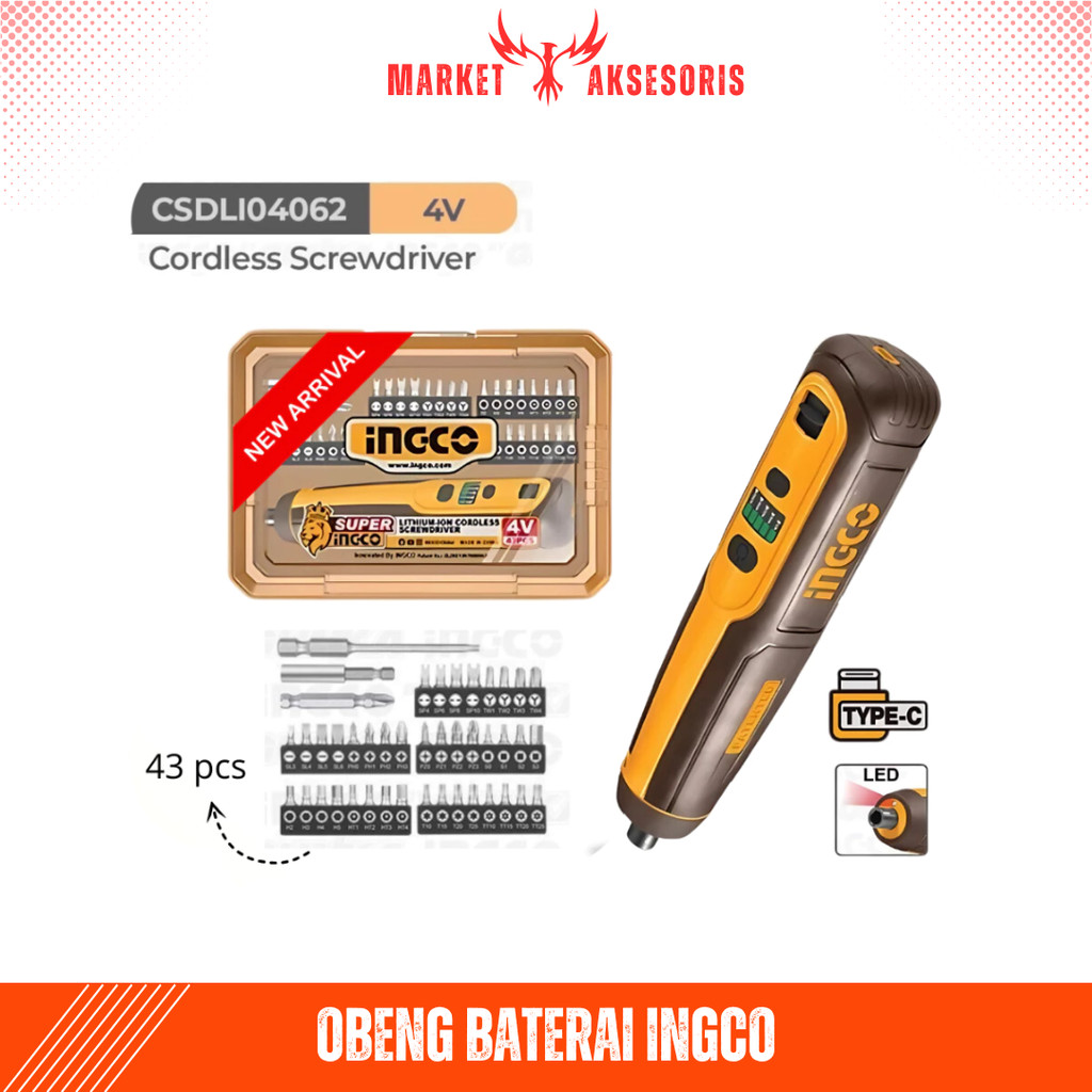 MARKET AKSESORIS Cordless Screwdriver INGCO CSDLI0403 4V Mesin Bor Obeng Sekrup Baterai Cas Mini Ele