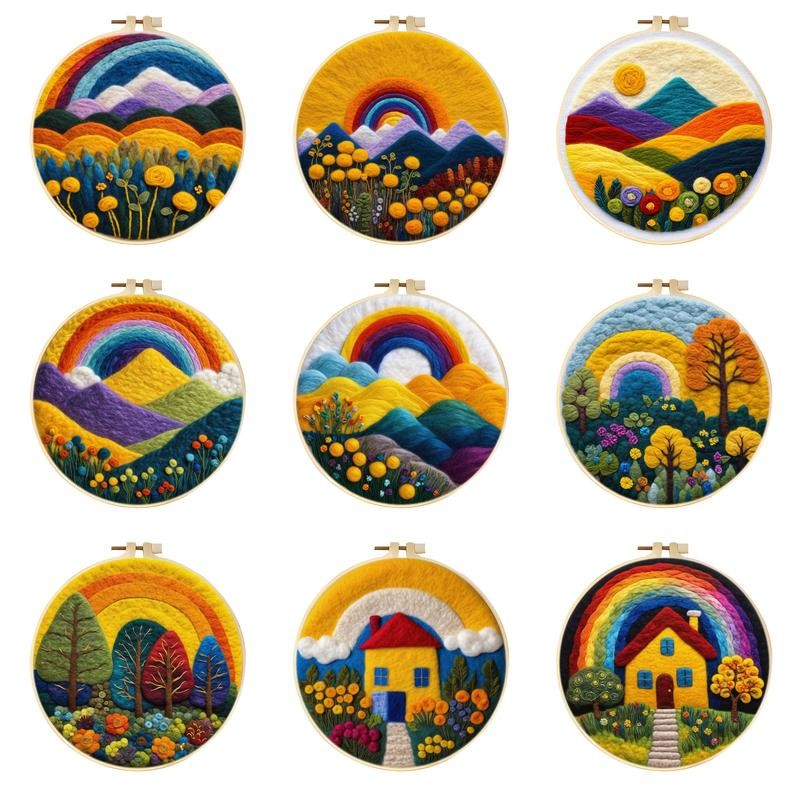 

CHENISTORY Diy Wool Needle Felting Painting Rainbow And Mountains Needle Felting Painting With Fram Elandscape Handicraft Kit