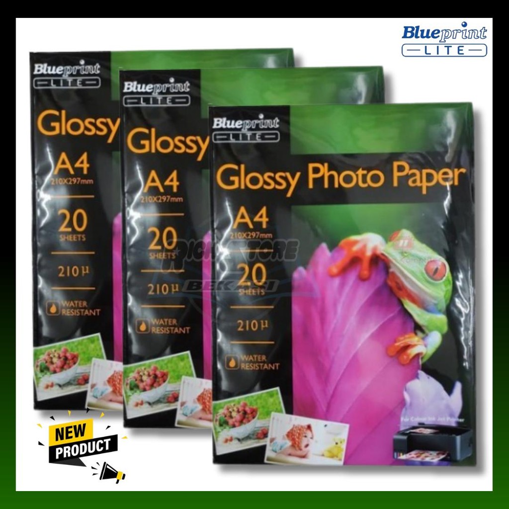 

KERTAS FOTO A4 GLOSSY/GLOSSY PHOTO PAPER MERK BLUPRINT 1 PACK ISI 20 LEMBAR