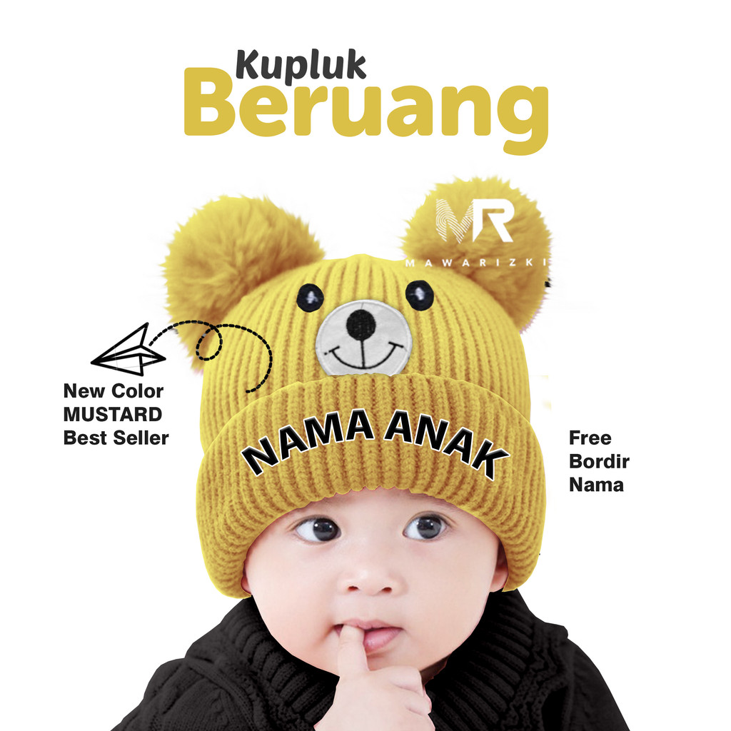 topi bayi laki laki Rajut Pompom Pom Pom Beruang Lucu  Pakai Nama anak Laki Laki Perempuan