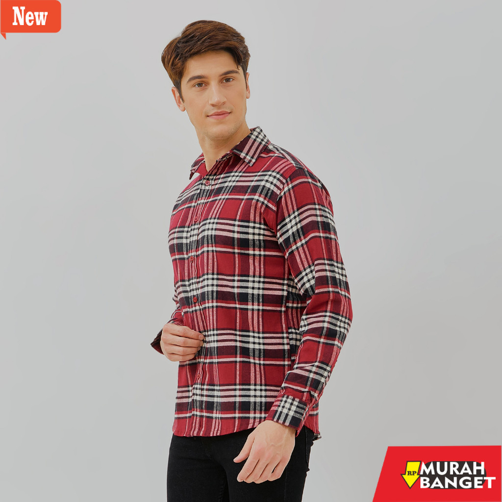 kemeja kotak kotak cowok PAULMAY Kemeja Flanel Pria Lengan Panjang Merah 6713