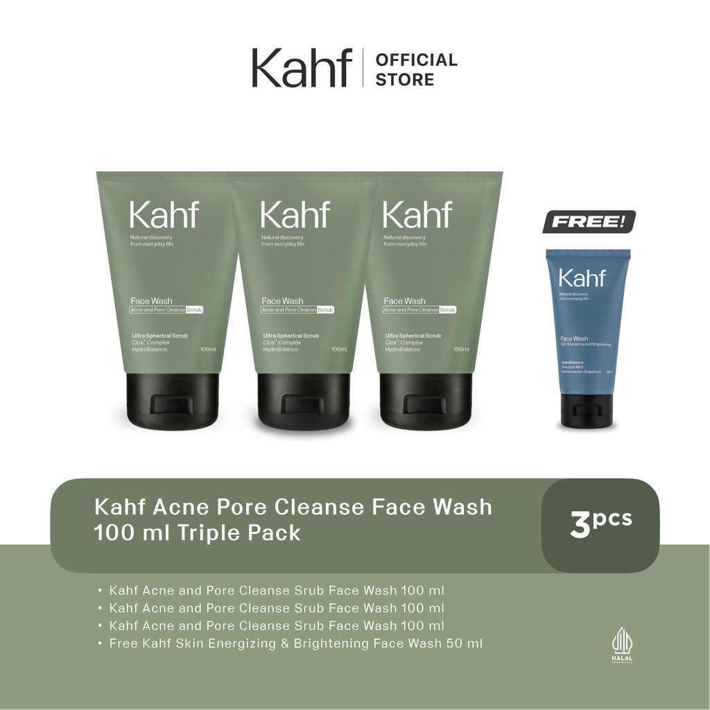 Kahf Acne Pore Cleanse Face Wash 100 ml Triple Pack - Paket Sabun Wajah Pria Isi 3