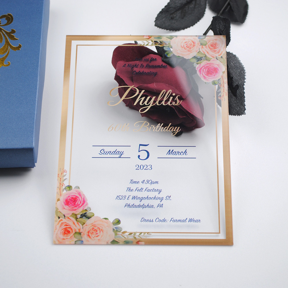 

Hot Acrylic Card With Printing Flower Wedding Invitation Custom Wordings