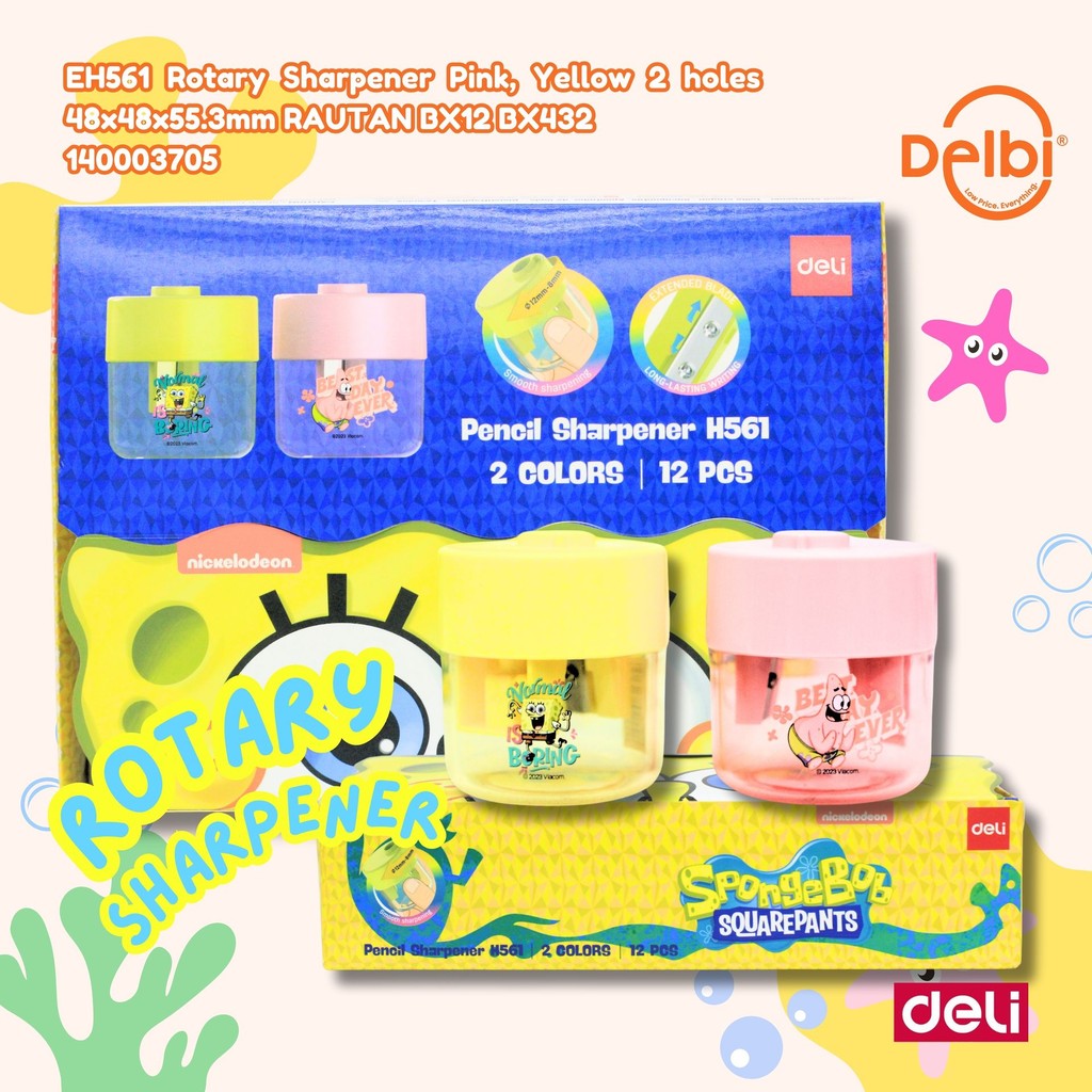 

Deli Rautan Pensil / Pencil Sharpner Kuning - Pink Spongebob Special Edition EH561 EH561 Rotary Sharpener Pink, Yellow 2 holes 48x48x55.3mm RAUTAN BX12 BX432