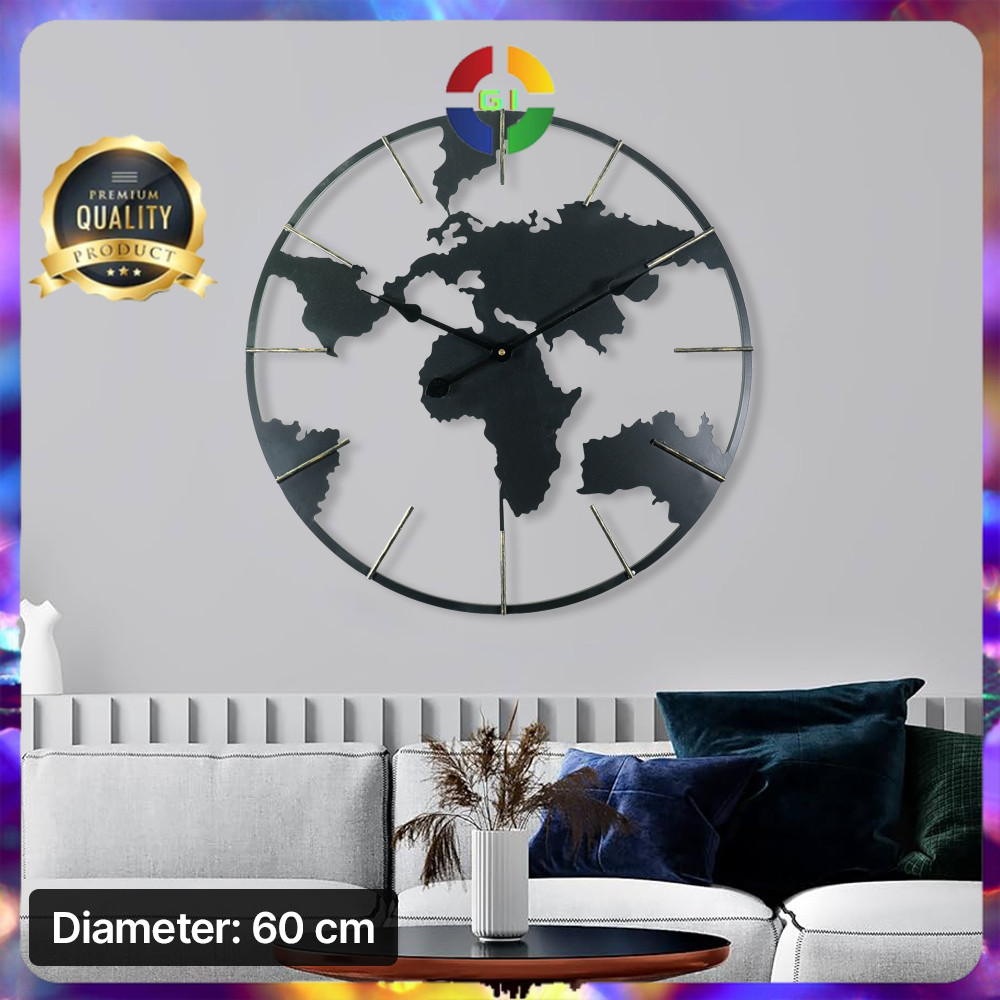 (GI) Jam Dinding Besar Aesthetic Ruang Tamu Globe Design Iron Silent Movement 60cm