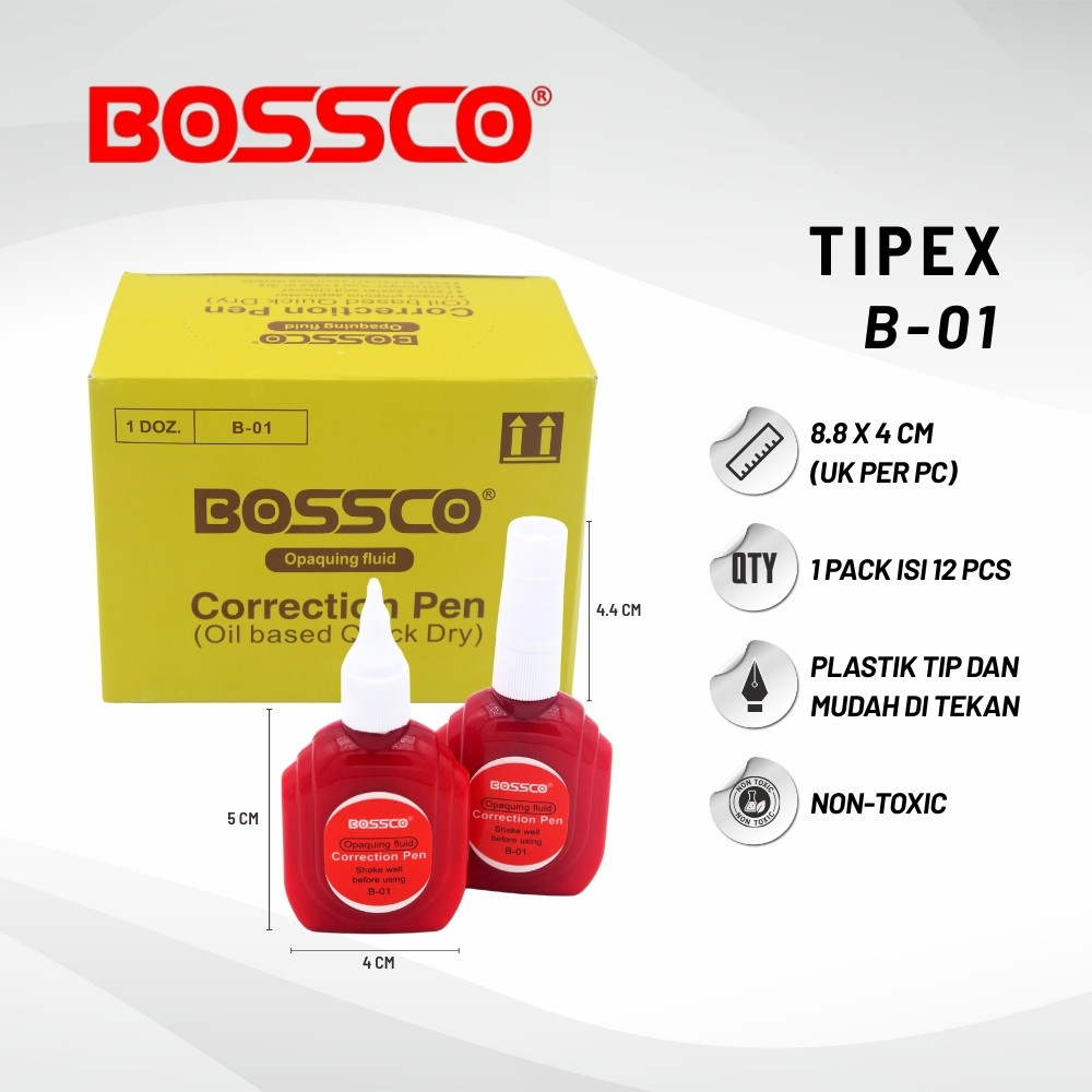 

(1 box isi 12 pcs) Correction Fluid Cairan Koreksi Penghapus Cair BOSSCO B-01