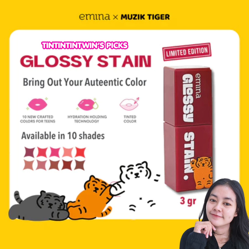 [TINTINTINWIN' PICK] Emina Glossy Stain x Muzik Tiger 3 g - Melty Gel Lip Tint Glossy Finish, Tahan 
