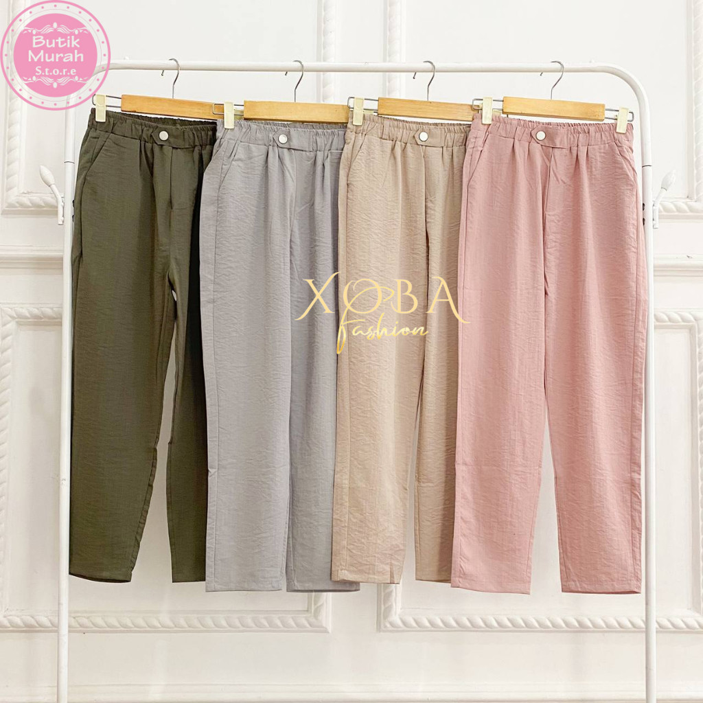 3557 Celana Baggy Pants Wanita Pinggang Full Karet Bahan Polo Linen 903