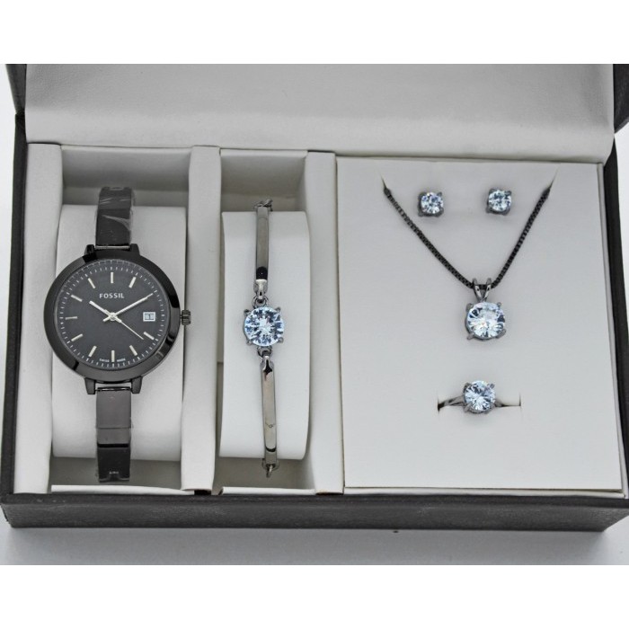 "SKY.LD" -  READY STOCK Jam tangan wanita fossil paket plus gelang cincing anting kalung - Hitam