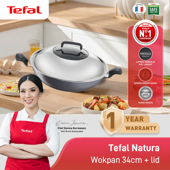 Tefal Wajan Kuali Penggorengan Anti Lengket Natura Wokpan 34cm + Tutup