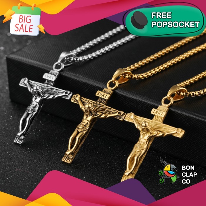 promo  -Kalung Salib Yesus Titanium Pria nita / Kalung Kristen Katholik - Gold