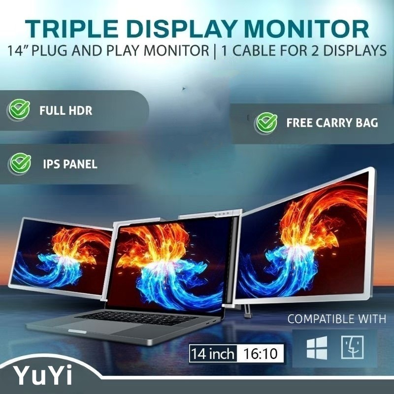 Portable Triple Screen Monitor  Dual Display 1 Cable USB Mirroring Monitor 13.3 inch -15,6 inch Wind