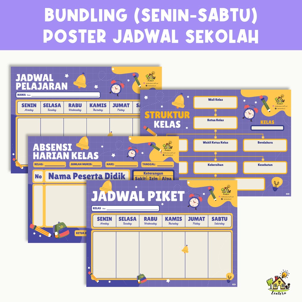 

Paket BUNDLING (SENIN-SABTU) 4pcs Poster Jadwal Pelajaran, Struktur Kelas, Jadwal Piket, Absensi Sekolah School Timetable Wipe and Clean Dekorasi Hiasan Pajangan Dinding Alat Peraga Kelas, Sekolah, Perpustaaan, Lomba Agustusan untuk SD SMP SMA