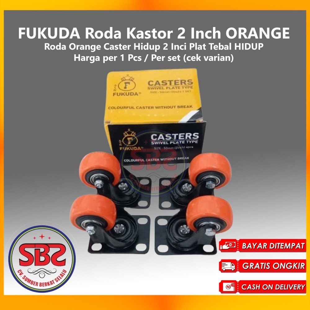FUKUDA Roda Kastor 2 Inch ORANGE TEBAL Hidup TANPA REM / Castor Swifel Plate Etalase Troli PER SET -