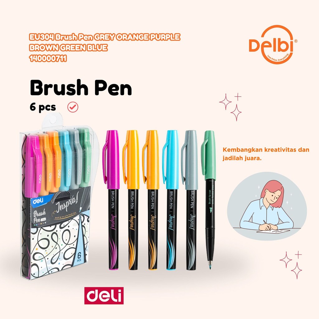 

Deli Brush Pen 6 Warna - EU304 Brush Pen GREY ORANGE PURPLE BROWN GREEN BLUE