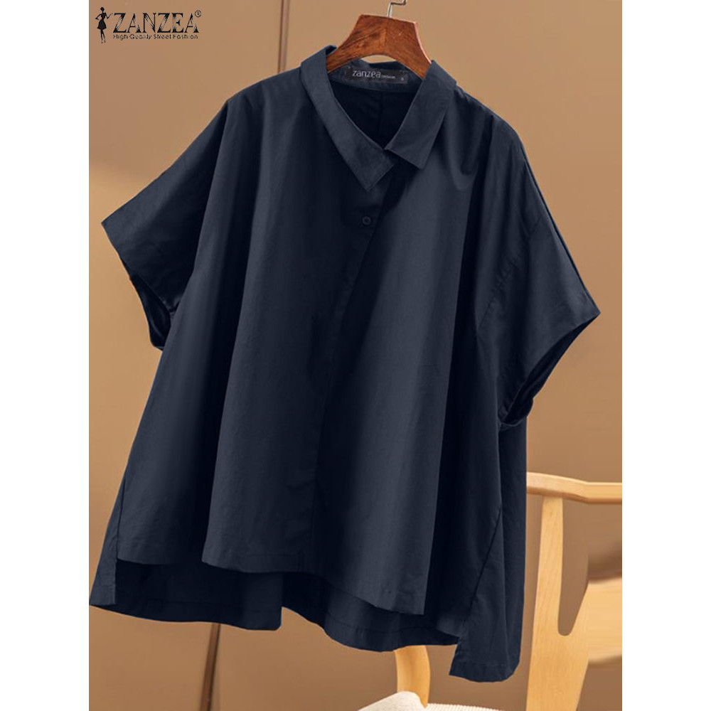 ZANZEA Korean Style Solid Color Shirts Women 2024 Summer Asymmetrical Lapel Neck Oversize Blouse Cas