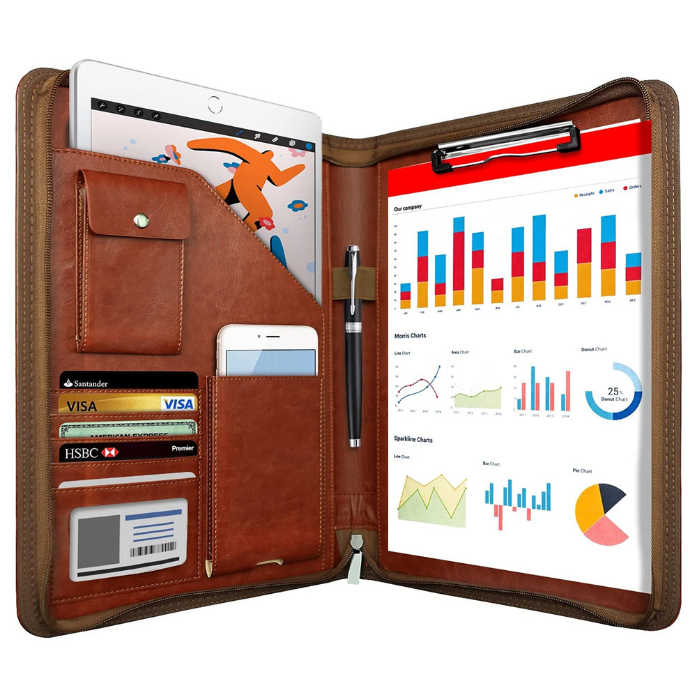 

Smart Reusable Notebook A4 Dot Zippered Padfolio Organizer Leather Planner Folder Pockets Card Holders Multifunctional Business