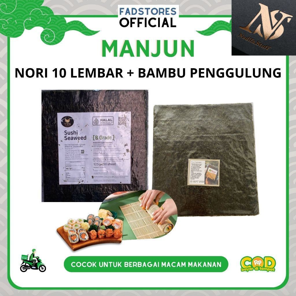 

PROMO HOT SALE !! Paket Nori Rumput Laut Manjun 10 Lembar + Tikar Penggulung Sushi - Nori Sushi Halal