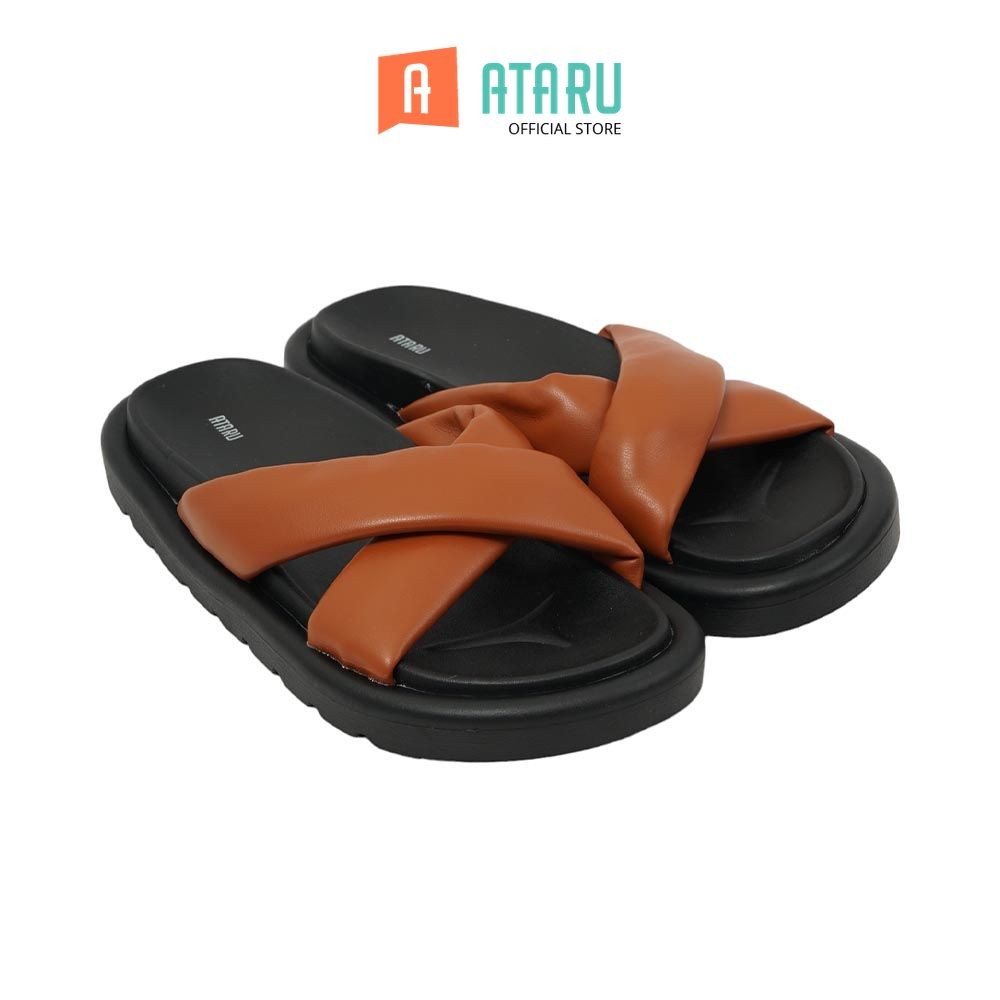 Ataru Ukuran 37 Sandal Wanita Slide Pu Cross Strap - Cokelat Women Slipper Sendal Kasual Outdoor Ind