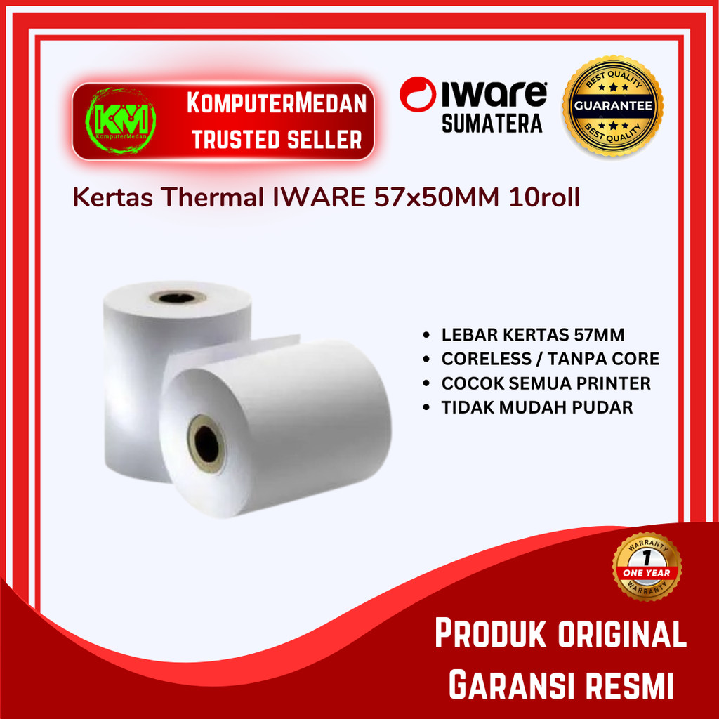 

Kertas Thermal IWARE 57x50MM - Roll Kasir 57 X 50 (10roll)