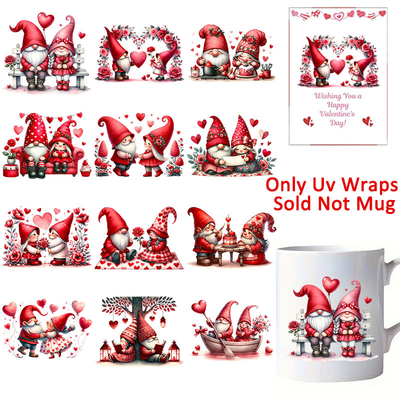 

12pcs Valentine's Day Couple Gnome UV DTF Cup Wrap Transfer Sticker Glass Coffee Mugs Greeting Cards Decal Gift Packaging Decor