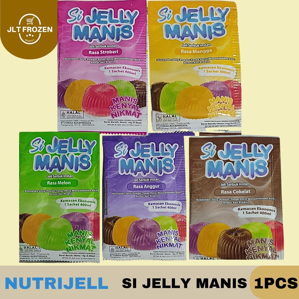 

Nutrijel Si Jelly Manis / Serbuk Jelly Instan Rasa Melon / Cokelat / Anggur / Mangga / Stroberi Kemasan Ekonomis 14g