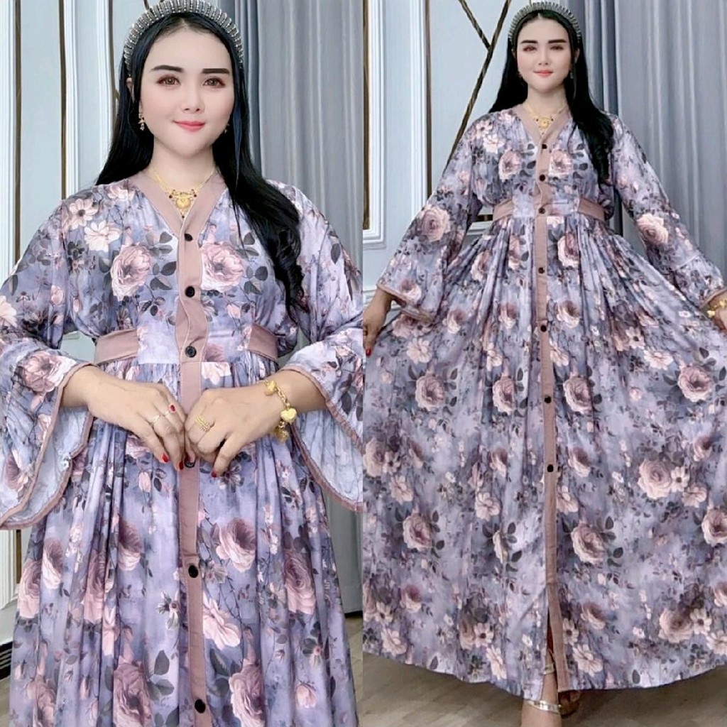 Dress Panjang Wanita Yutaka Jaipan Floral Katun Rayon Busui Kancing Depan Lengan Terompet Tali Pingg