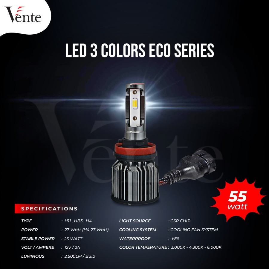 LAMPU MOBIL LED VENTE ECO HB3 TRICOLOR FOGLAMP 6000K/4300K/3000K