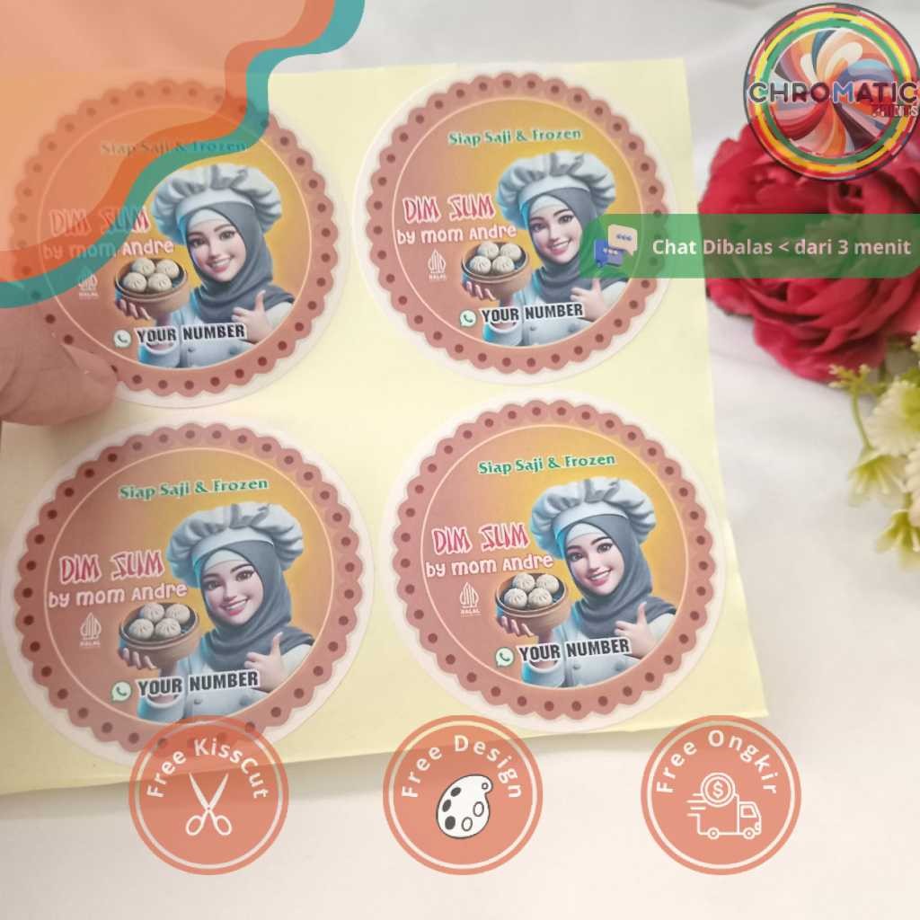 

chromatic 2-4 Custom Sticker Tema Dimsum Label Stiker Produk Makanan Dim Sum Bulat Chromo