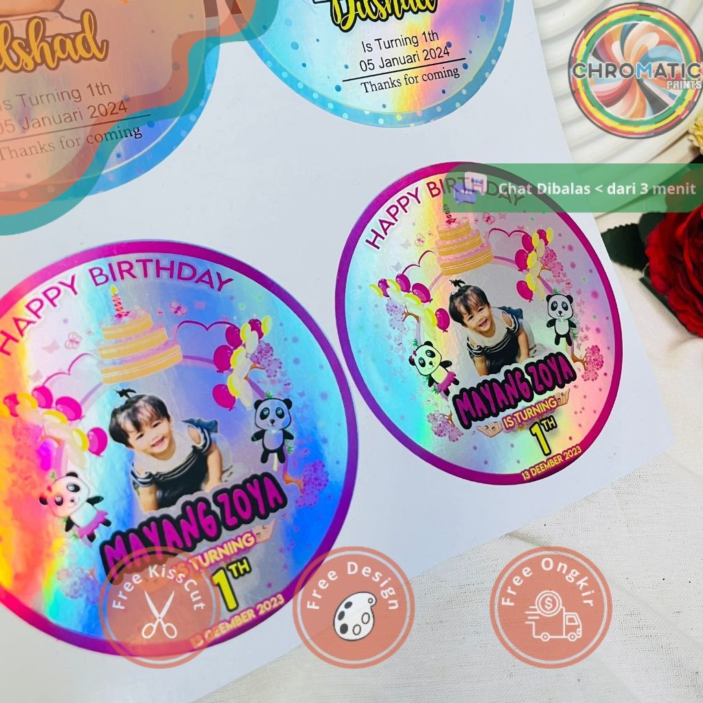 

chromatic 2-4 Stiker Hologram Ulang Tahun Taun Anak Bentuk Bulat Label Ultah Sticker Happy Birthday
