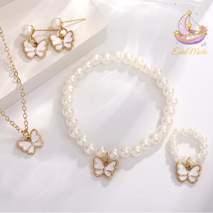 4 PCS/Set Perhiasan Mutiara Asli Titanium Mewah Motif Kupu-Kupu [Kalung+Anting+Cincin+Gelang] Set Ak