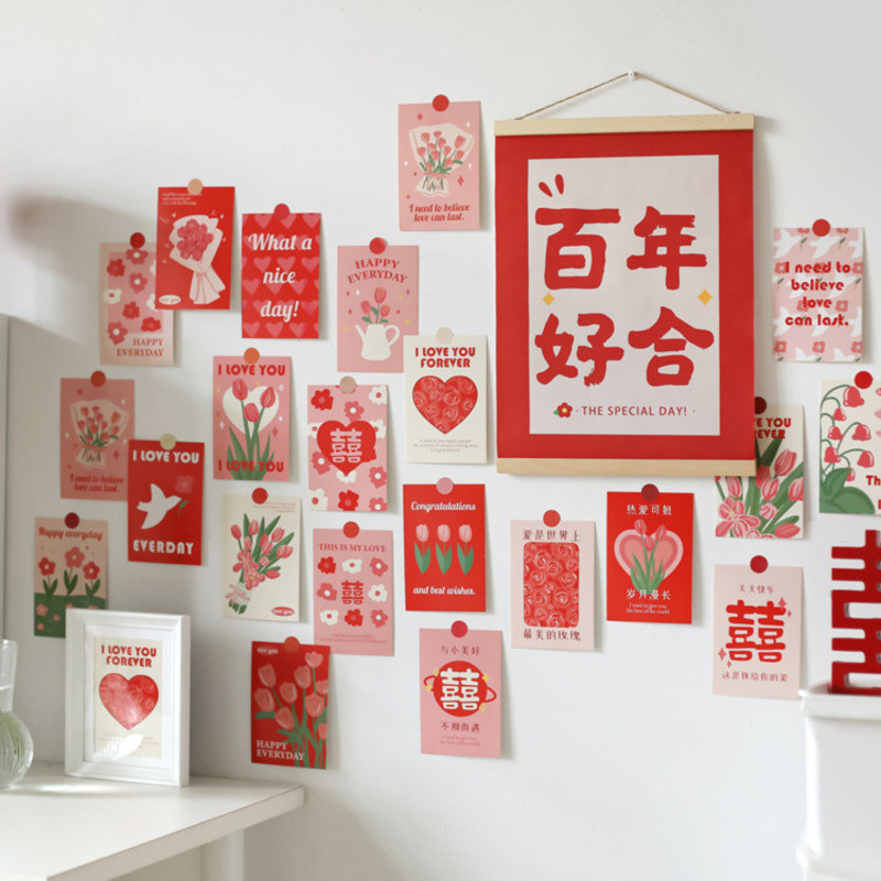 Pink Flower Love Blessing Postcards Cute Decorative Card Wall Sticker Photo Props Chinese Greeting C