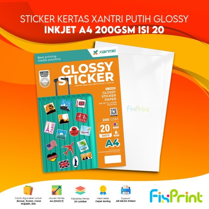 

Sticker Xantri Doff Matte InkJet White A4 190gsm Paper Stiker 190 gsm / Sticker Kertas Xantri Putih Glossy Ink Jet 200gsm 200 gsm Isi 10 20 Lembar