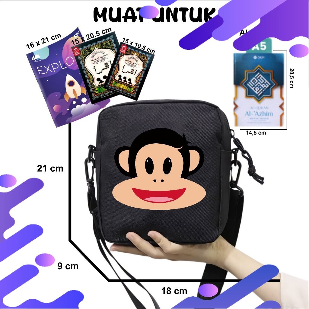 RS Tas Anak Selempang Paul Frank Monkey Cocok Untuk Sekolah dan Mengaji Unisex Fashion Kids 10 A4