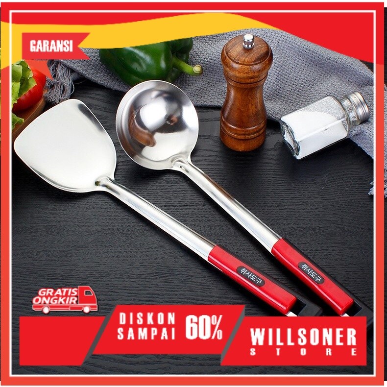 Stainless Steel Spatula/Sendok Sup Gagang Merah Peralatan Dapur Spatula Korea Alat Masak