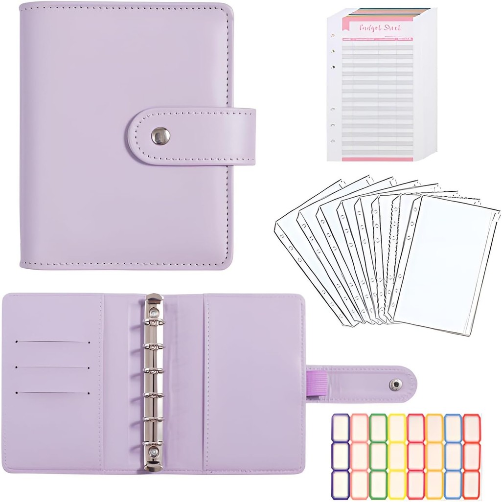 

A7 Budget Binder Set - Mini Money Organizer, Cash Stuffing Envelope System, Planner Binders with Pockets, Sheets and Stickers