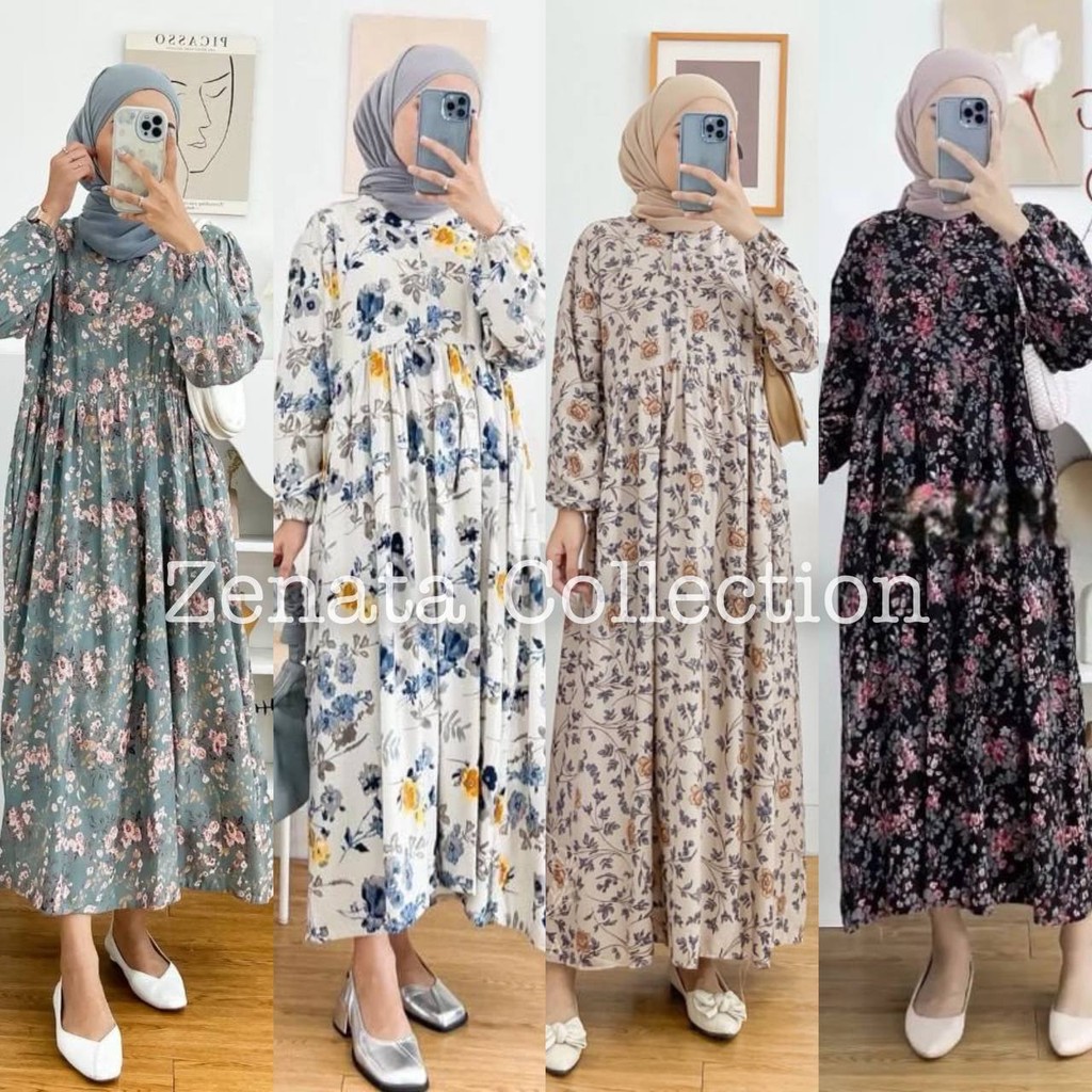 Midi Dress Rayon / Gamis Rayon Viscose Premium Motif Bunga Katun Flowy Busui Friendly Adem Fit Nyama