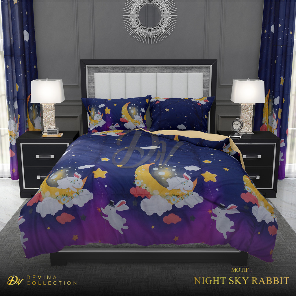 Bedcover Sprei Set Karet Anti Geser Motif Anak Night Sky Rabbit Devina Collection Uk King 180x200