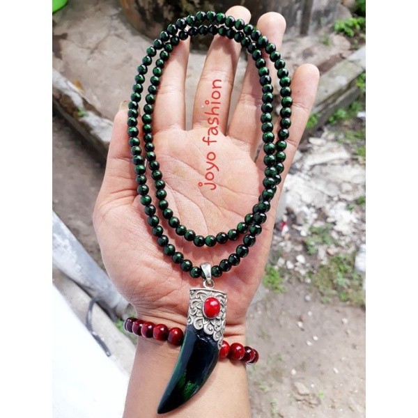 KALUNG TASBIH FOSIL AKAR BAHAR HIJAU LUMUD ZAMRUD LIONTIN TARING KUKU MACAN MATA BATU MARJAN