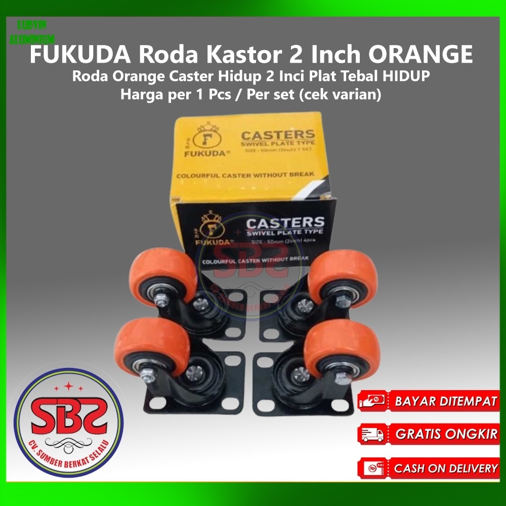 FUKUDA Roda Kastor 2 Inch ORANGE TEBAL Hidup TANPA REM / Castor Swifel Plate Etalase Troli PER SET -