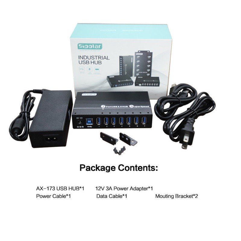 Sipolar A-173 Metal 7 Ports USB3.0 Industrial Hub Charger Splitter With 12V 3A Power Adapter LED Ind