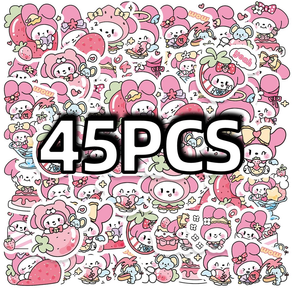 

45 Pcs Cute Rabbit Sticker Strawberry Sanrio Style DIY Notebook Skateboard Phone