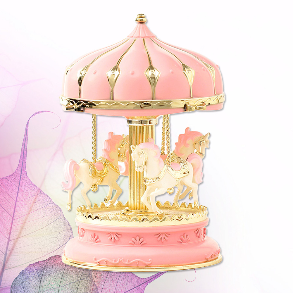 Carousel Music Box Glittering Rotating Wooden Horse Music Box Flashing Carousel Music Box (Pink) rot